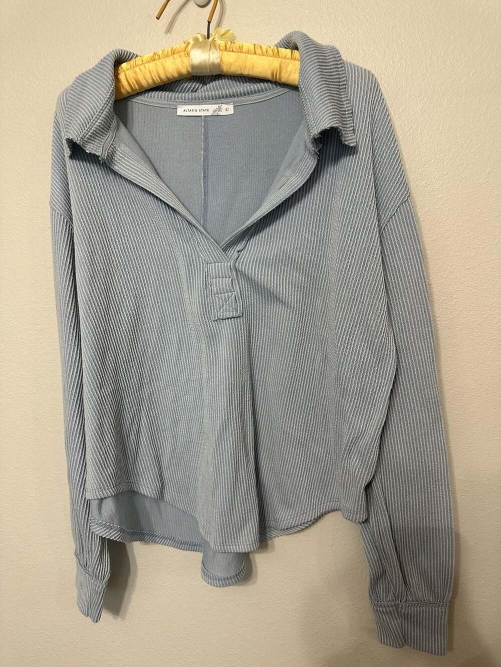 Altar'd State Dusty Blue Ribbed Knit Collared Long Sleeve Henley Pullover